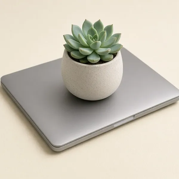 Laptop on a desk with a small plant
